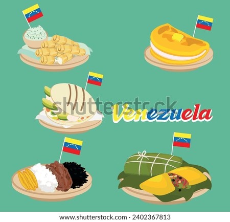 vector illustration set of typical Venezuelan food, arepa, tequeños, hallacas, pabellon criollo and cachapa