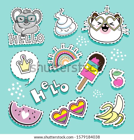 Fashion patch badges with cat unicorn, banana, ice cream, crown, koala  and girl items on a blue background