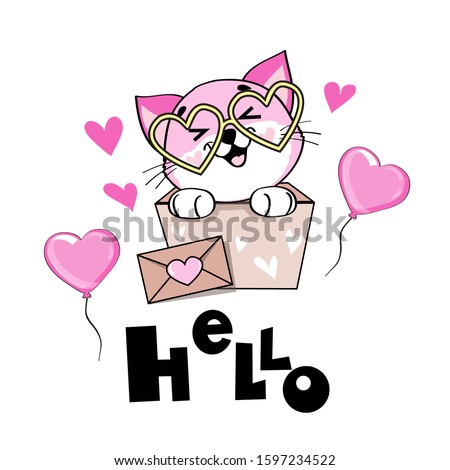 Pink cat sits in a box for gifts and the inscription hello on a white background. Valentine's day card