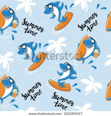 Funny cartoon sharks sunglasses and surfing on a blue background seamless pattern. Summer concept for kids