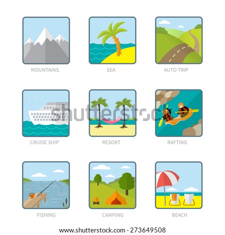 Modern set of beautiful summer and travel icons in trendy flat design: mountains, a tropic island, a road, a cruise ship, palm trees and a hammock, rafters, a lake, beach and sea coast, camping place.