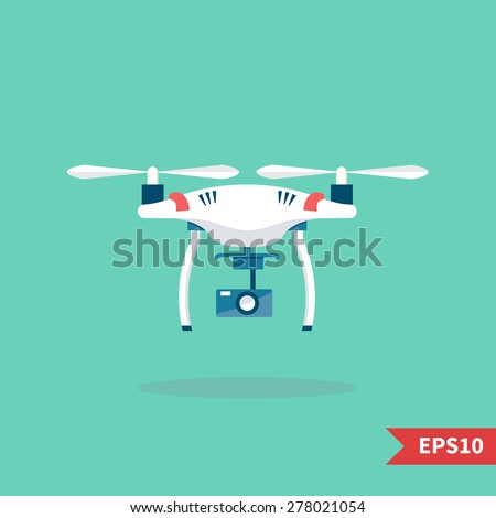 Remote aerial drone with a camera taking photography or video recording . Vector art on isolated background. Flat design.