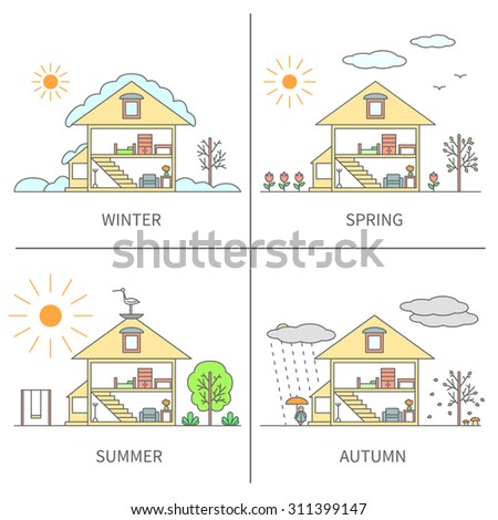The same landscape scene (house and yard) in different seasons of the year - Winter, Spring, Summer, Autumn (Fall). Set of four coloured vector illustration in linear design on isolated background.