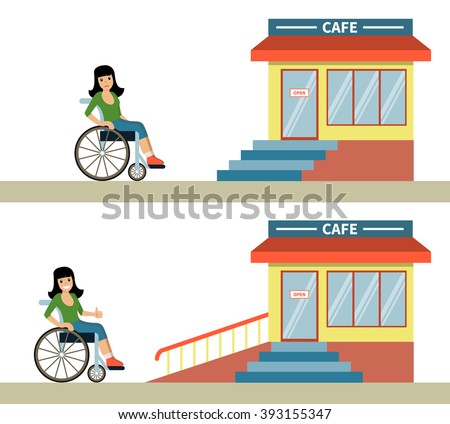Young woman in a wheelchair in front of cafe with stairs and with wheelchair ramp. Concept for barrier free environment for physically challenged people. Vector illustration. Flat design.