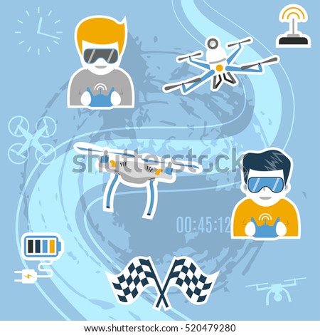 Drone sport. Vector illustration with air drones, operators wearing glasses and holding remote controls, flags etc. Flat design. Concept for quadcopter racing, competition, freestyle. 