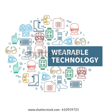 Wearable tech. Vector illustration for smart gadgets and technologies of future. Circle of color thin line icons and header. Modern background for banners, poster, advertising, blogs, magazines etc.