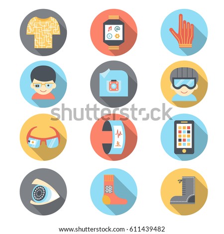 Set of vector icons for wearable technologies. Smart glasses, fitness tracker, phone, e-textile clothing, shoes, watch, virtual reality helmet, camera, gloves. Flat design with long shadow.