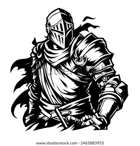 Black and white illustration of a medieval knight in full armor with a sword. Detailed armor and flowing cape create a dynamic, heroic look. Ideal for fantasy, historical, and chivalry themes.