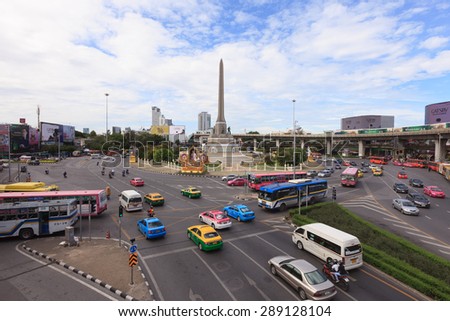 BANGKOK -JUNE 21: View on the Victory Monument the big military monument in Bangkok on 21 June 2015. The monument has been established in June 1941 to mark a victory in war with Frenchmen.