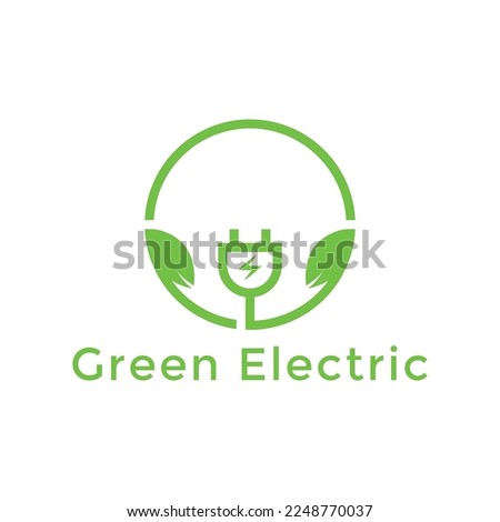 green electric plug-in inside circle with leaf vector icon logo design template for friendly natural resources