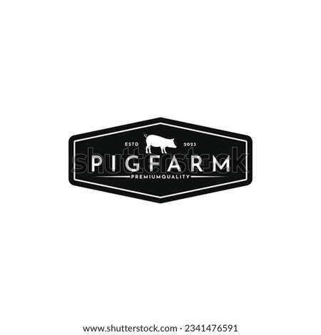 Vintage pig farm logo design with hipster drawing style