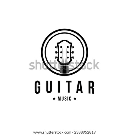 Retro style vintage guitar musical instrument logo design idea with label circle