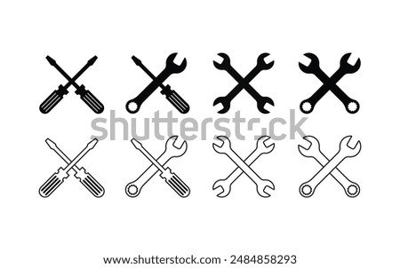 set of tools icon wrench and screwdriver silhouette and outline design on white background