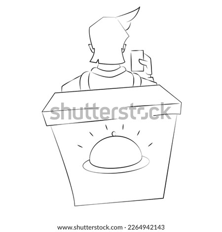 the guy stands with his back to us and holds the phone in his hands, food delivery, vector illustration, contour drawing, lines