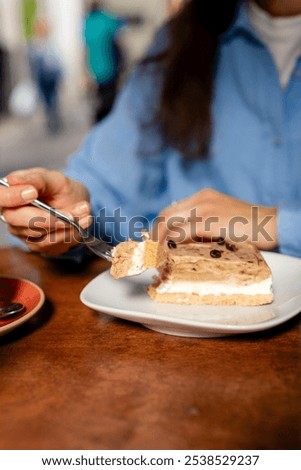 Similar – Image, Stock Photo Woman eating delicious cheesecake with jam