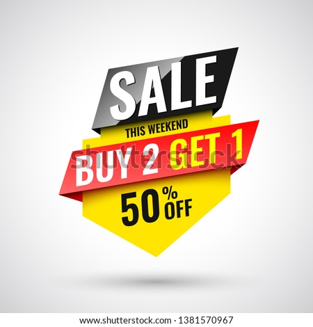 This weekend buy 2, get 1 sale banner, 50% off. Vector illustration. 