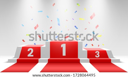 White winners podium with red carpet and confetti. Stage for awards ceremony. Pedestal with spotlights. Vector illustration.