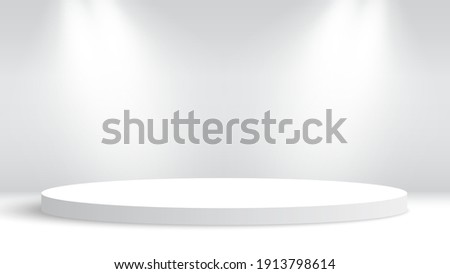 White round podium and spotlights. Pedestal. Vector illustration.