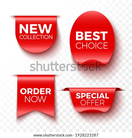 New collection, best choice, order now and special offer banners. Red sale tags. Stickers. Vector illustration.