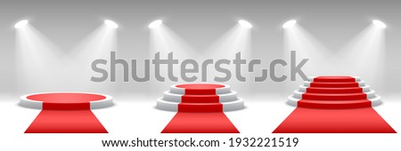 Round podiums with red carpet. Pedestals with spotlights. Vector illustration.