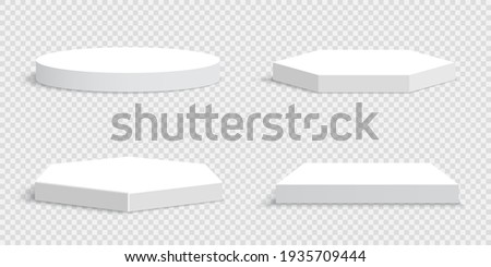 Set of white blank podiums on transparent background. Pedestals. Scene. Boxes. Vector illustration.