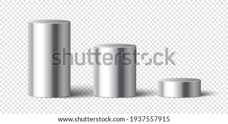 Set of metallic glossy cylinders. Round boxes. Cover. Pedestals. Vector illustration.