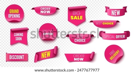 Best choice, order now, special offer, free delivery sale banners. Pink ribbons, tags and stickers. Vector illustration.