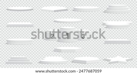 Set of white blank podiums on transparent background. Pedestals. Scene. Vector illustration.