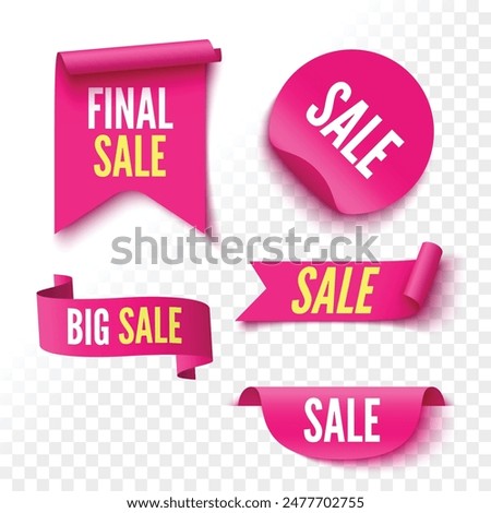 Sale banners. Pink ribbons, tags and stickers. Vector illustration.