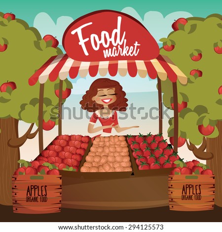 Vegetables and fruits cart with seller character design. Food market. Carts sell only fresh fruits and vegetables. \
promote healthy eating concept. Vector illustration