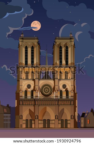 Moonlight night. Notre Dame de Paris. vector.