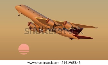A plane taking off against the backdrop of the setting sun. Vector.