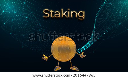 Cryptocurrency Stake, Cryptocurrency Staking. Golden Bitcoin symbol on stage. Proof of Stake, 3d illustration. Foto d'archivio © 