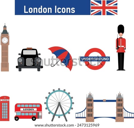 London Icon sticker (vector) set including Union Jack or England Flag, Big Ben, Tower Bridge, Eye Of London, Red Bus, Telephone Booth, Umbrella, Underground, King's Guard