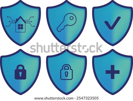 Security shield icon set blue gradient. lock, padlock, key, smart home server, check mark and safety plus protection symbol. 