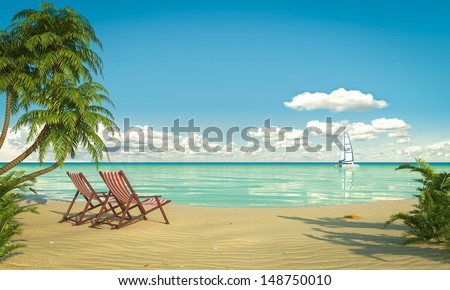 Frontal view of a caribbean beach with deck chairs and boat