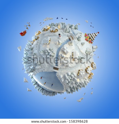Concept globe showing a winter christmas planet with santa claus and tree clipping path included