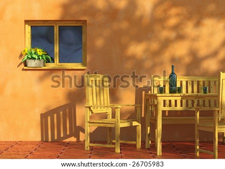 sunny orange terrace with flowers in a window and rustic wooden furniture.