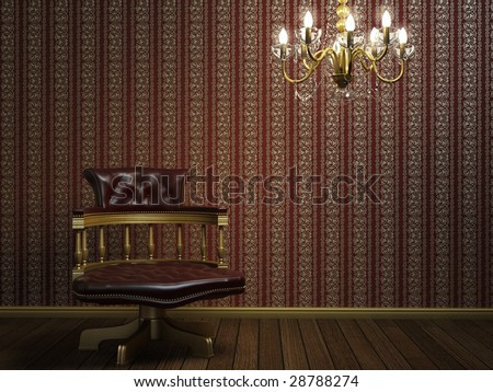 interior design scene with classic armchair and lamp over wallpaper with golden details