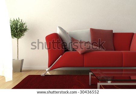 interior design detail of modern living room with red couch and carpet ant a blowing curtain