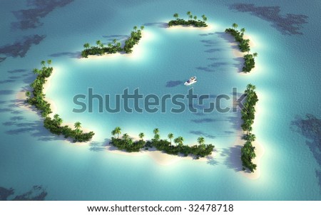 aerial view of a heart-shaped island  in a turquoise water with a yacht as a concept for quiet and romantic vacations