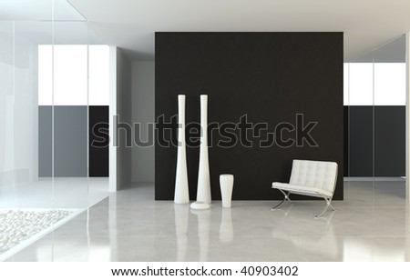 interior design scene of a modern minimalistic black and white space