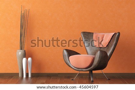 Interior design scene with a modern brown leather couch and lamp on orange wall
