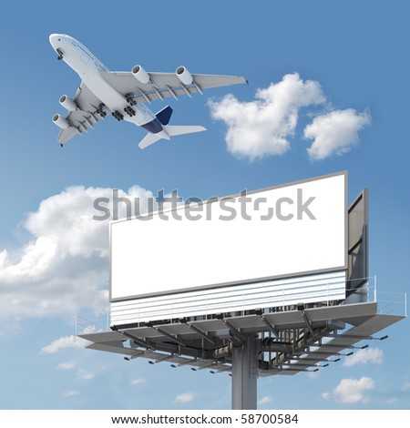 Big empty billboard with copy space for your image or text with an airplane flying on the sky, ideal for travel or vacation promotions