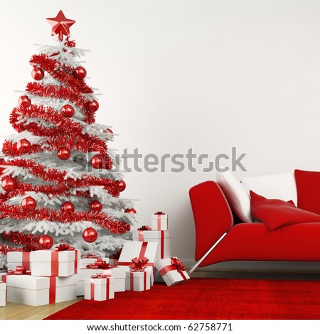 christmas tree in modern interior all in white and red colors