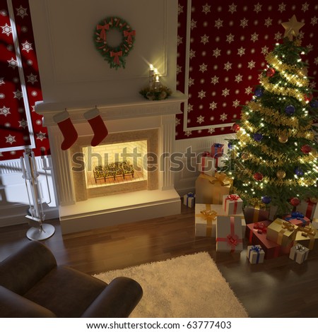 cozy decorated christmas fireplace at night with tree, presents and couch