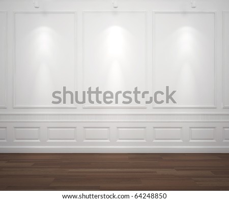 interior scene of classic white empty wall illuminated by 3 spotlights, big copy space
