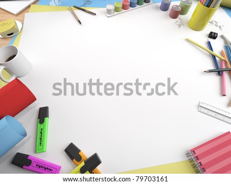 white canvas on a drawing table with lots of stationery objects making a center copy space for you text or design in a close up view