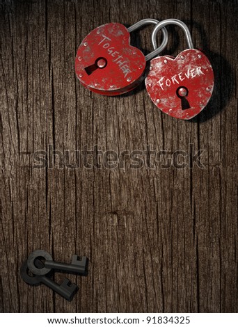two padlocks with together forever written as concept for eternal  love on a wood background vertical