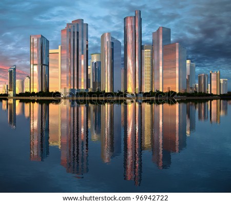 Highrise Glass Skyscraper Buildings Skyline Reflected On Water Against ...